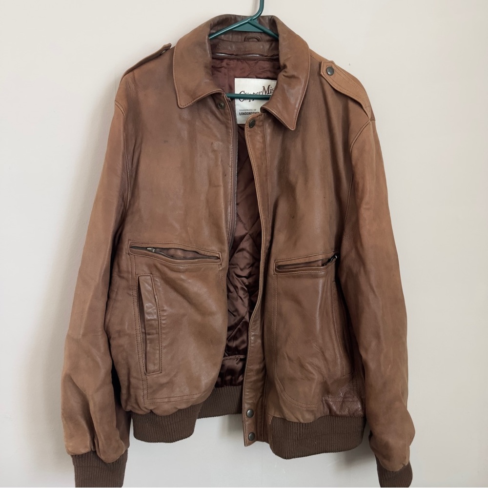 Brown Bomber Jacket with Ribbed Cuffs and Fold-Down Collar